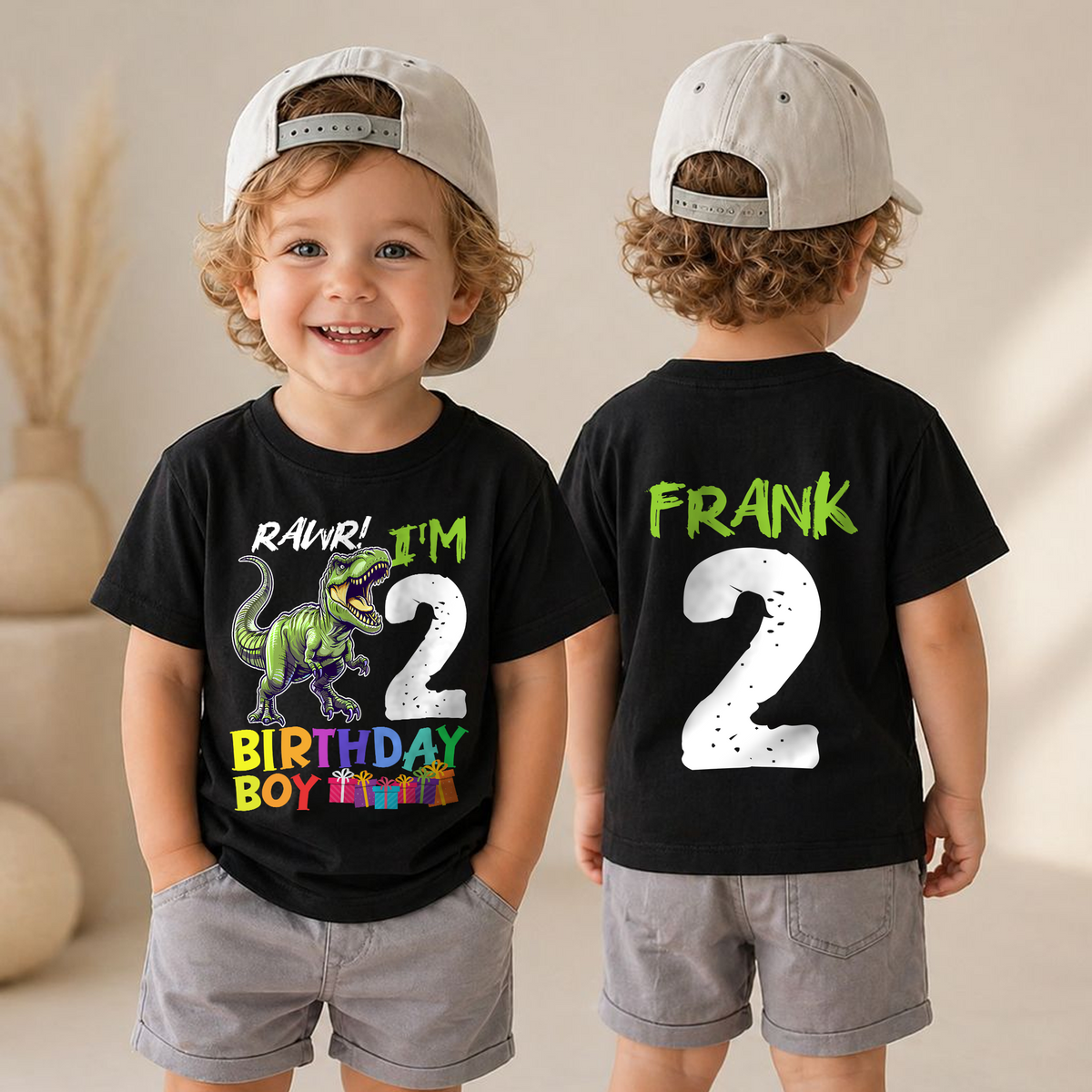 Toddler Personalized Dinosaur 2nd Birthday Shirt Boy, Rawr I'm 2 — product view 4