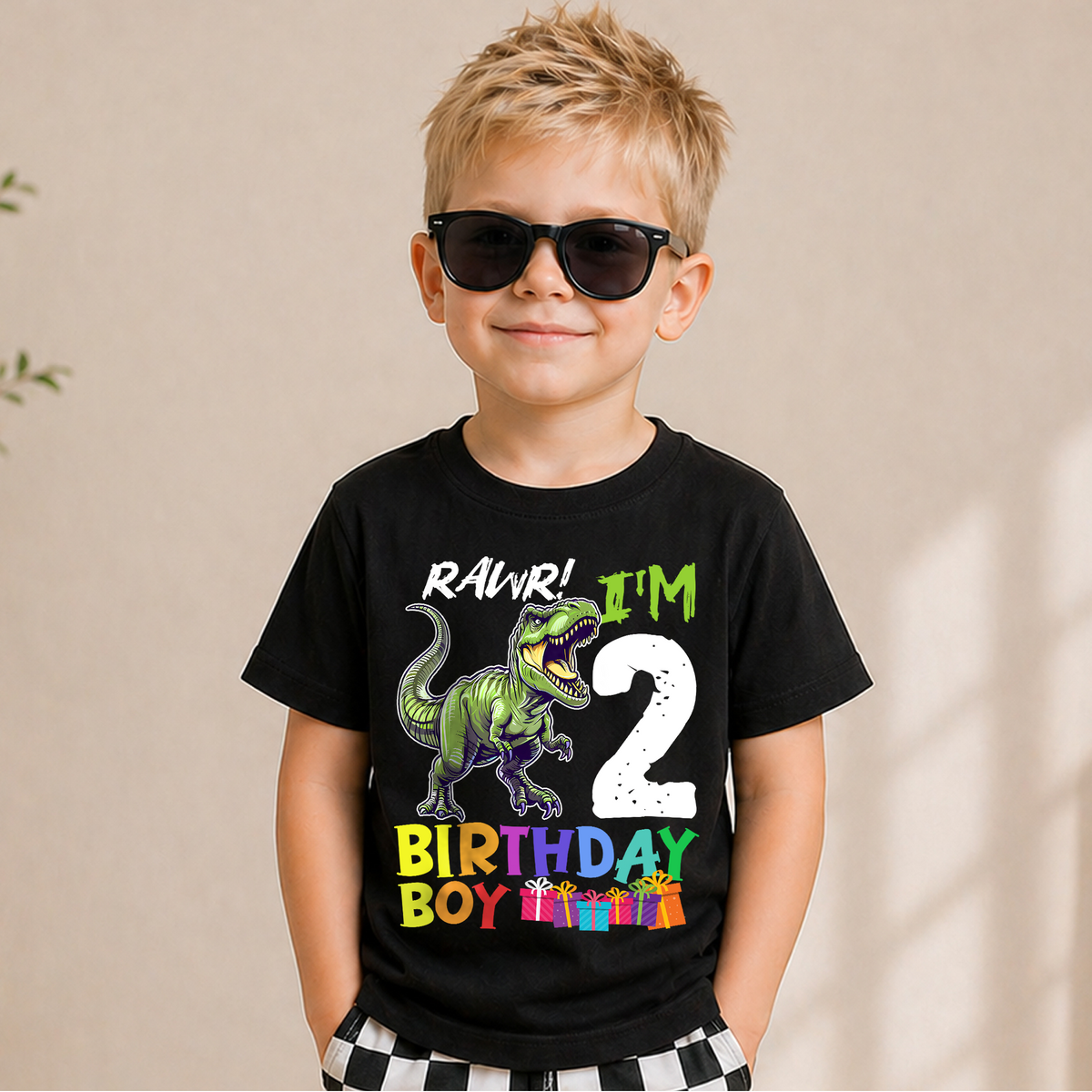 Toddler Personalized Dinosaur 2nd Birthday Shirt Boy, Rawr I'm 2 — product view 5