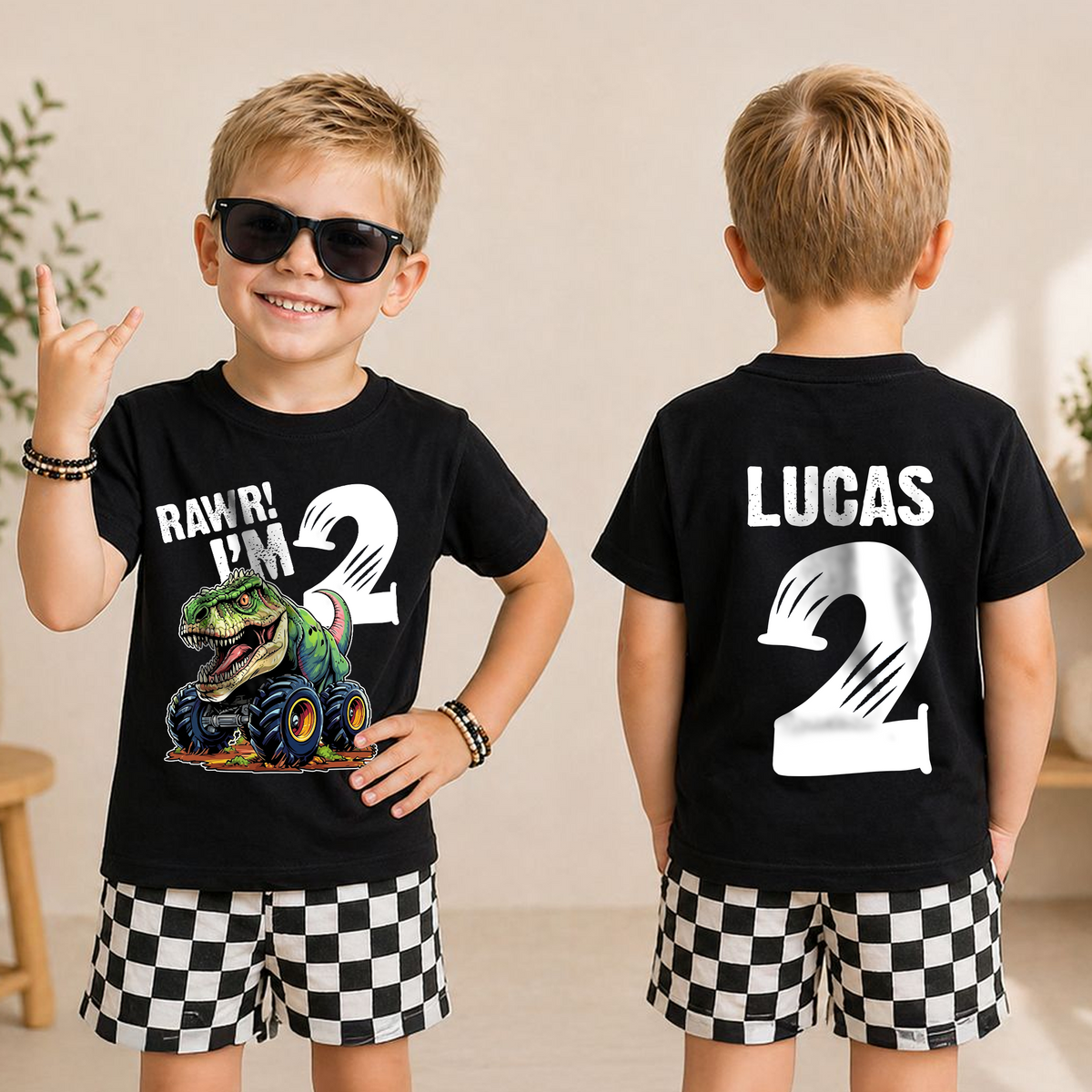 Personalized Rawr I'm 2 Birthday Shirt for Boys, Dinosaur — product view 3