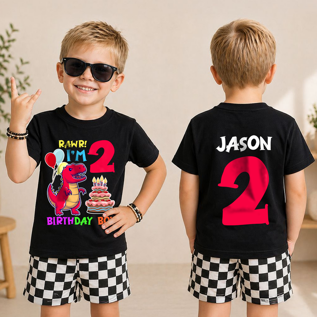 Custom Name Rawr I'm 2 Birthday Shirt for Boys, Dinosaur — product view 3