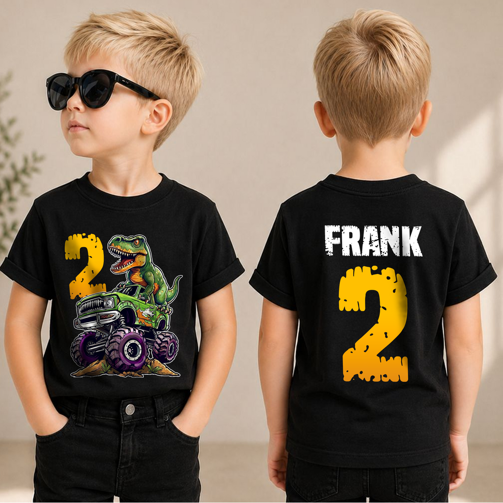 Custom Two Rex Birthday Shirt for Boys, Dinosaur — product view 1