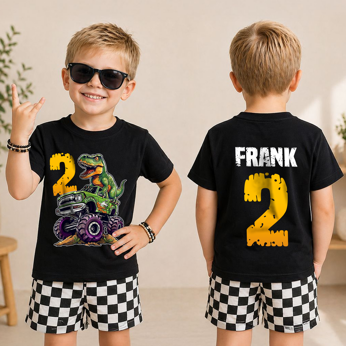 Custom Two Rex Birthday Shirt for Boys, Dinosaur — product view 3
