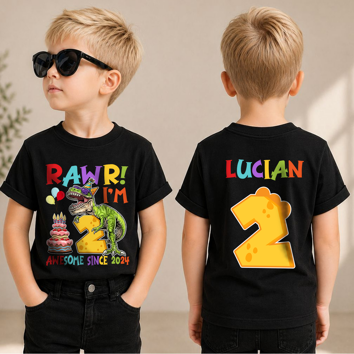 Boys Custom Rawr I'm 2 Birthday Shirt for Boys, Dinosaur — product view 1