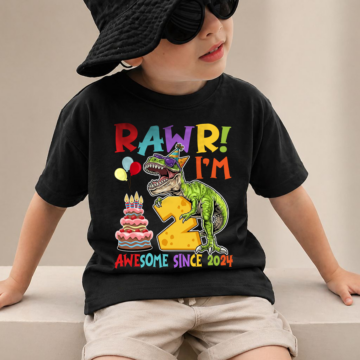 Boys Custom Rawr I'm 2 Birthday Shirt for Boys, Dinosaur — product view 2