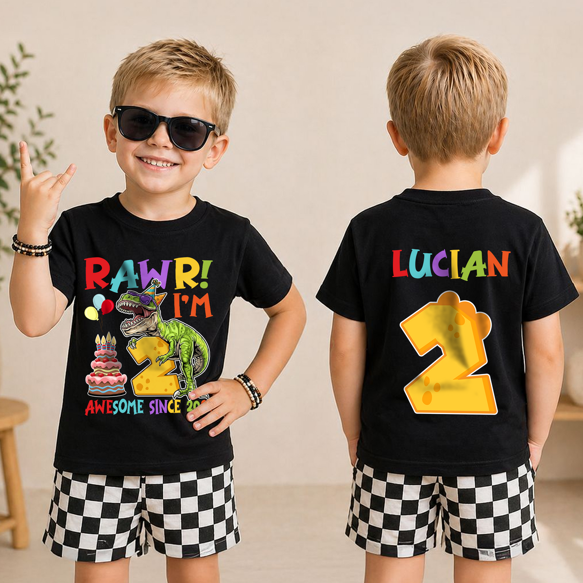 Boys Custom Rawr I'm 2 Birthday Shirt for Boys, Dinosaur — product view 3