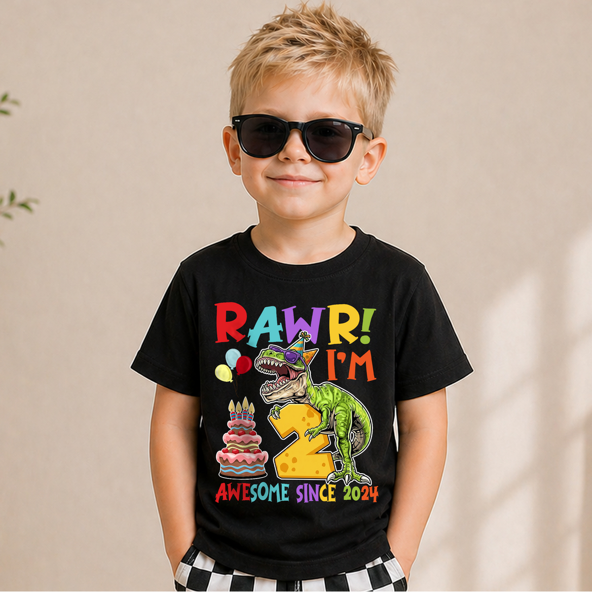 Boys Custom Rawr I'm 2 Birthday Shirt for Boys, Dinosaur — product view 5