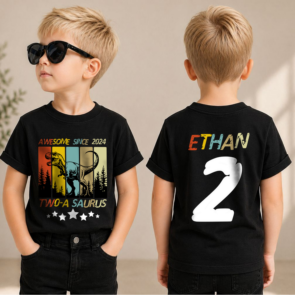 Boys Personalized Two-A Saurus Birthday Shirt for Boys — product view 1