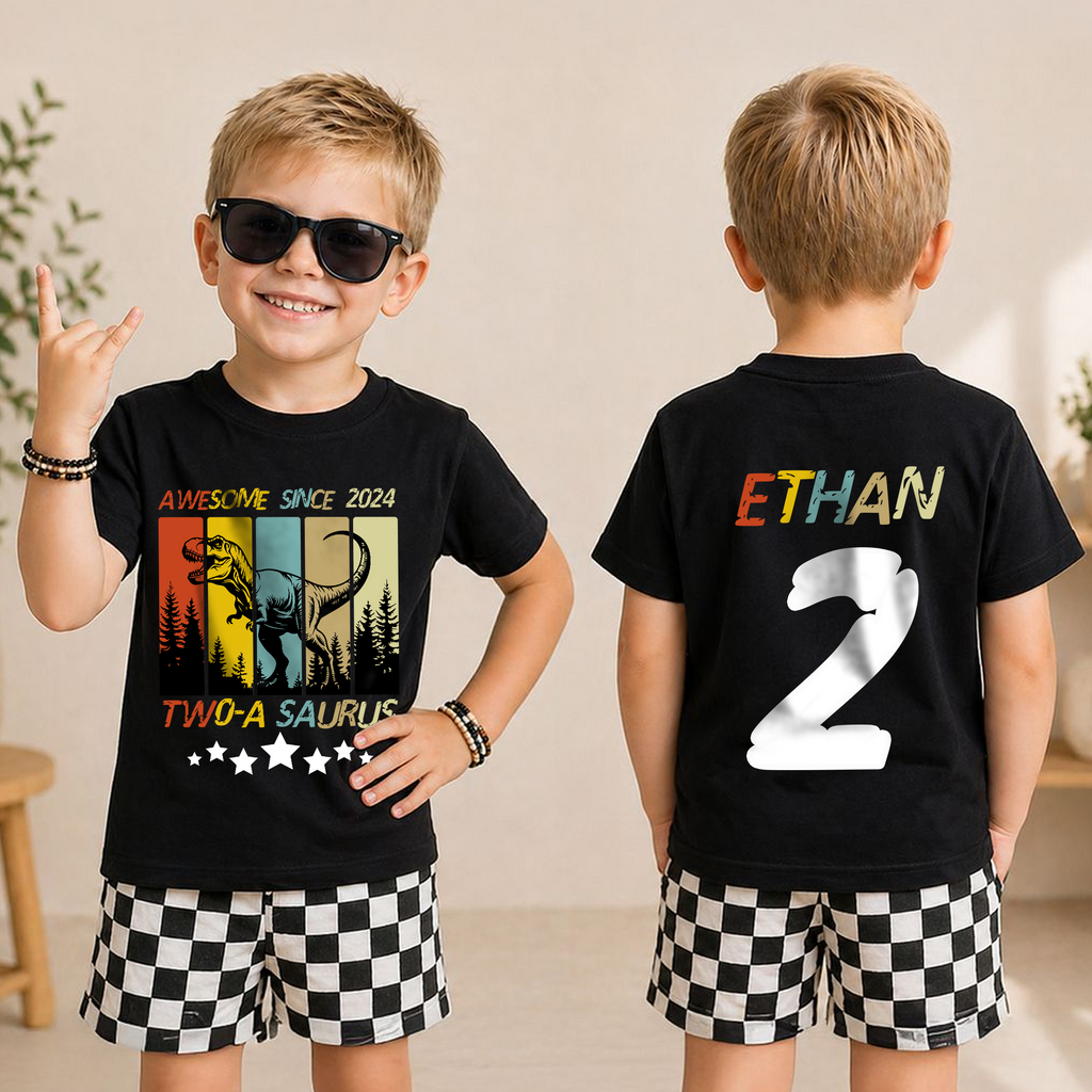 Boys Personalized Two-A Saurus Birthday Shirt for Boys — product view 3