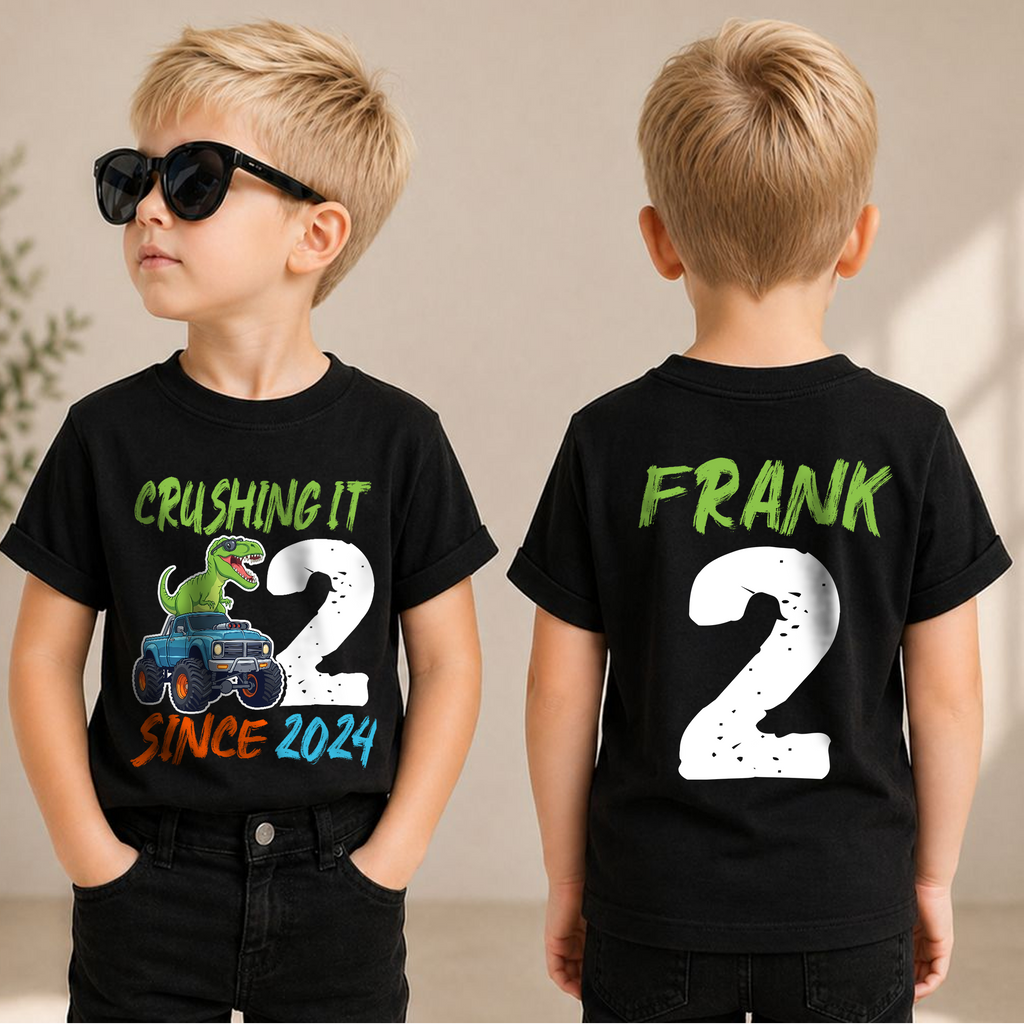 Personalized Dinosaur 2nd Birthday Shirt, Crushing It Since 2024 — product view 1