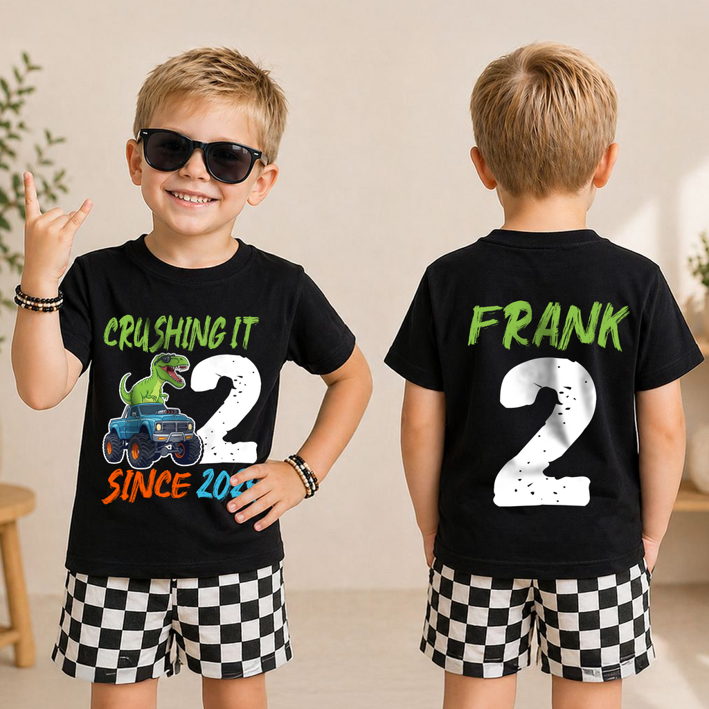 Personalized Dinosaur 2nd Birthday Shirt, Crushing It Since 2024 — product view 3