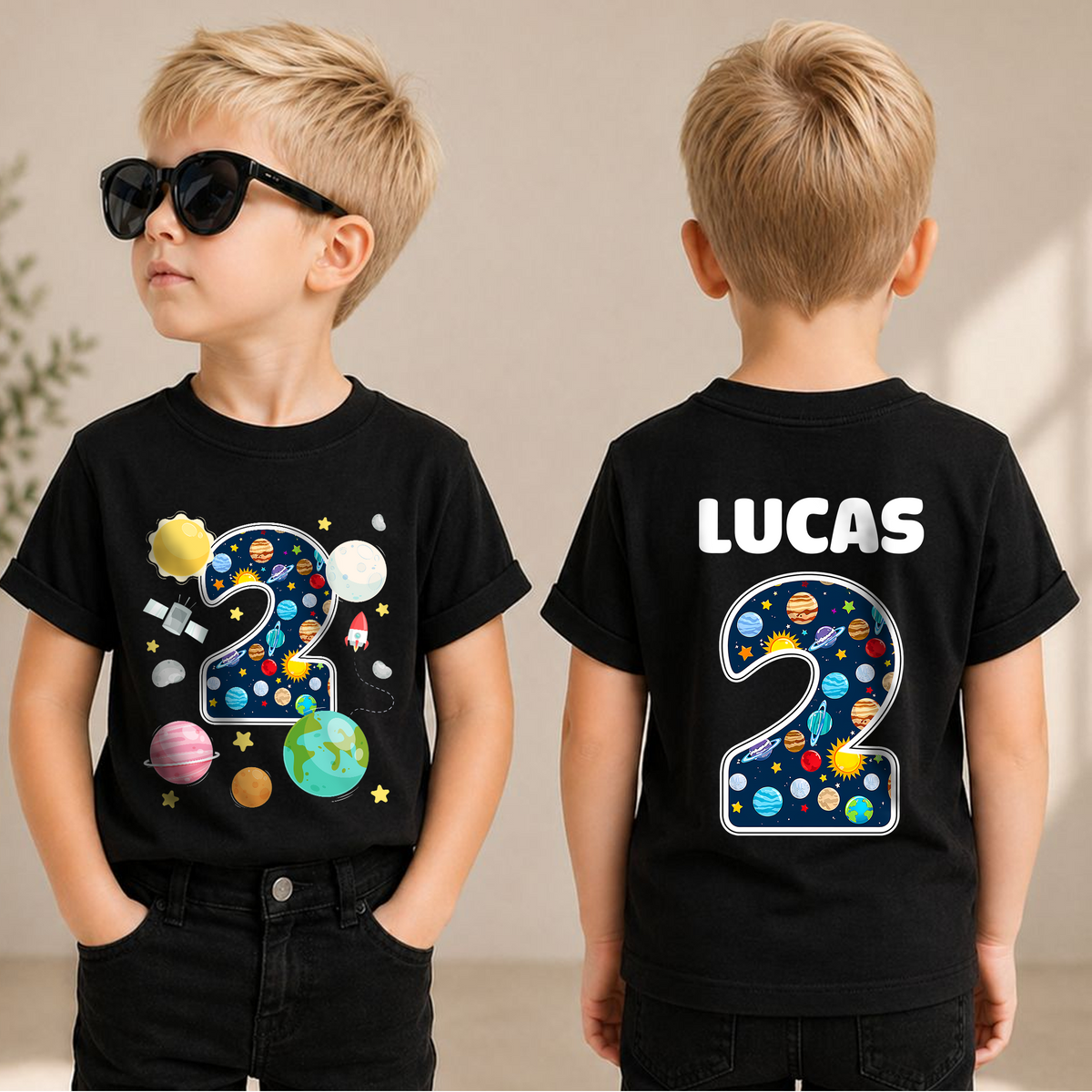 Toddler Personalized Space 2nd Birthday Shirt for Boys — product view 3
