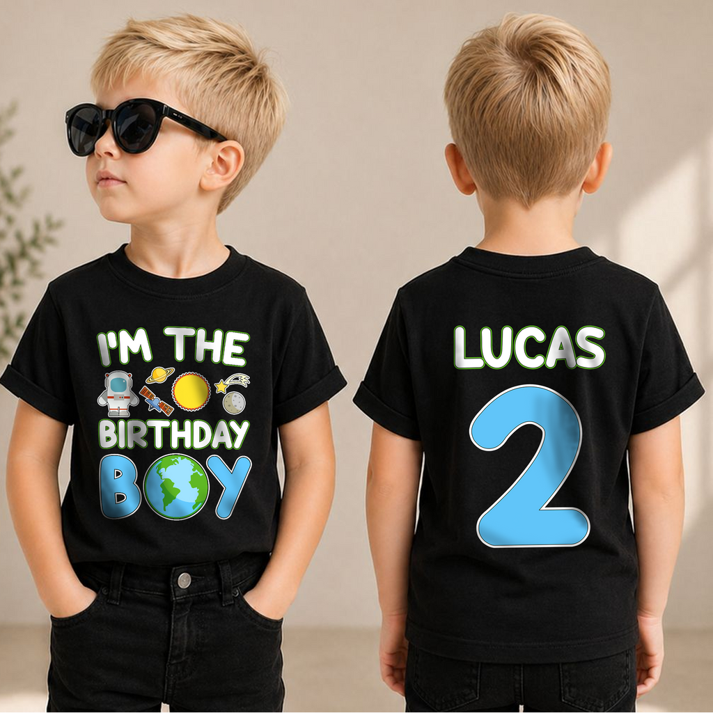Boys Personalized Space 2nd Birthday Shirt, Custom Name — product view 3