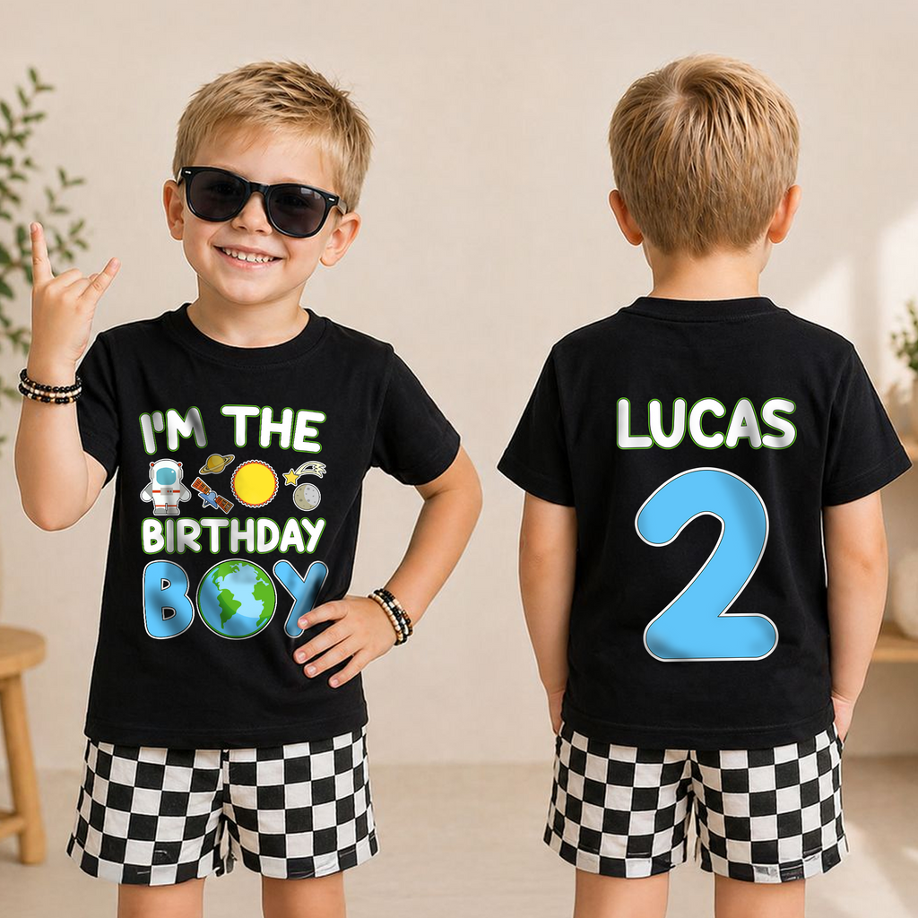 Boys Personalized Space 2nd Birthday Shirt, Custom Name — product view 5
