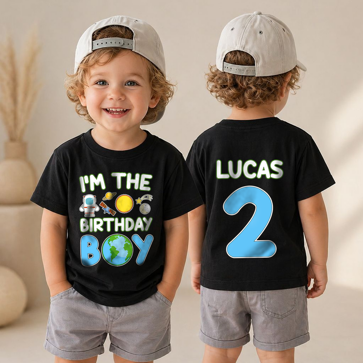 Boys Personalized Space 2nd Birthday Shirt, Custom Name — product view 6
