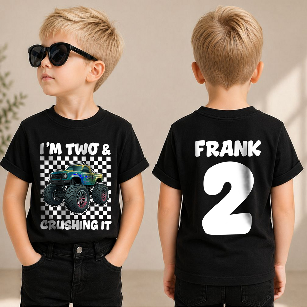 Personalized Monster Truck 2nd Birthday Shirt Boy, Crushing It — product view 1