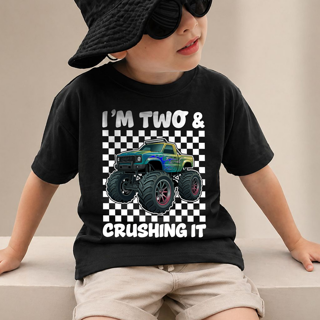 Personalized Monster Truck 2nd Birthday Shirt Boy, Crushing It — product view 2