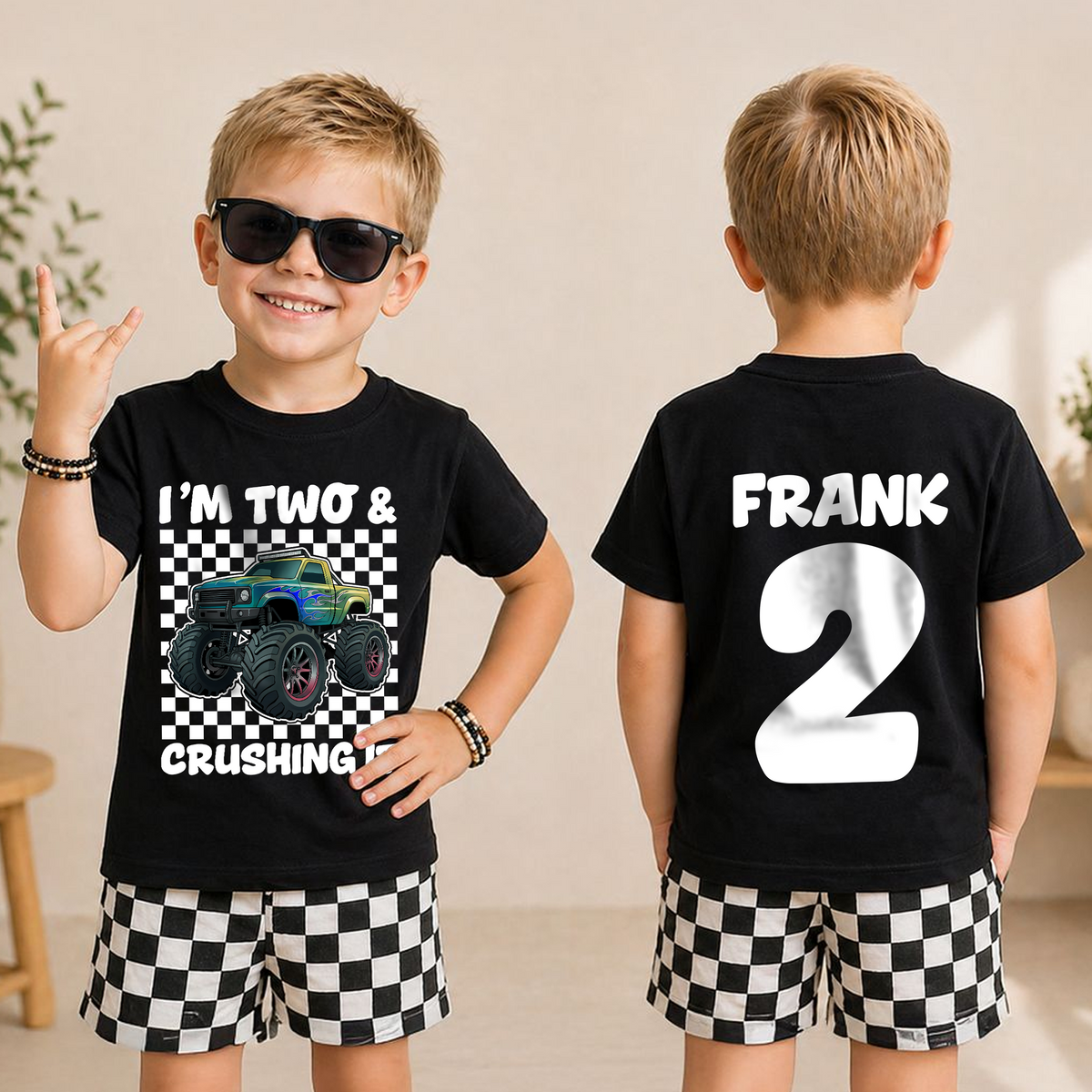Personalized Monster Truck 2nd Birthday Shirt Boy, Crushing It — product view 3
