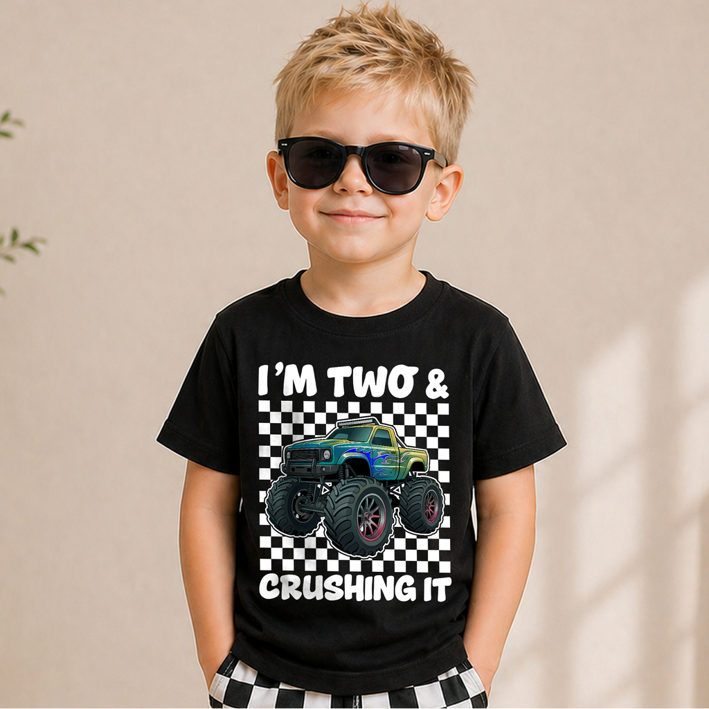 Personalized Monster Truck 2nd Birthday Shirt Boy, Crushing It — product view 5