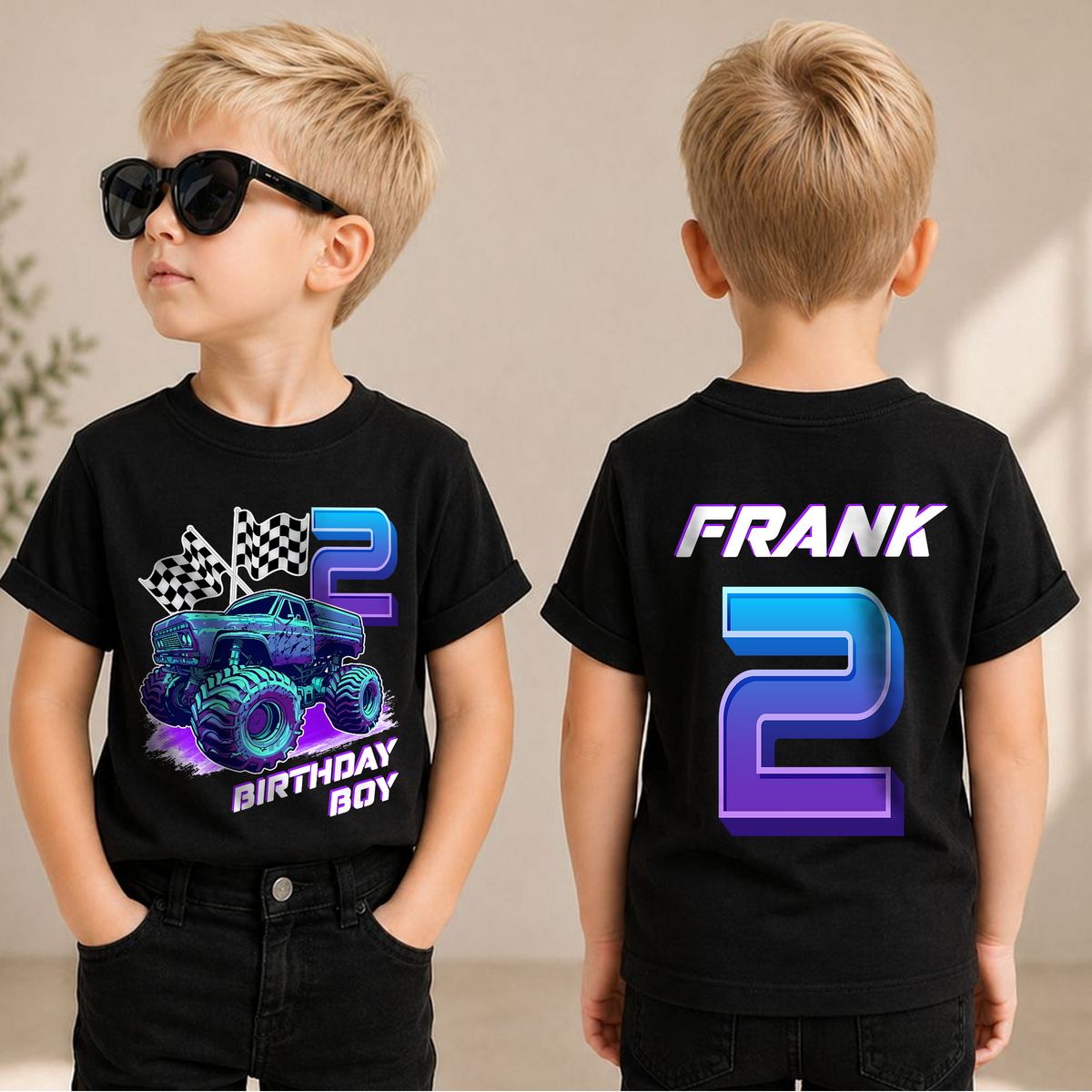 Custom Name Monster Truck 2nd Birthday Shirt Boy, Crushing It — product view 1