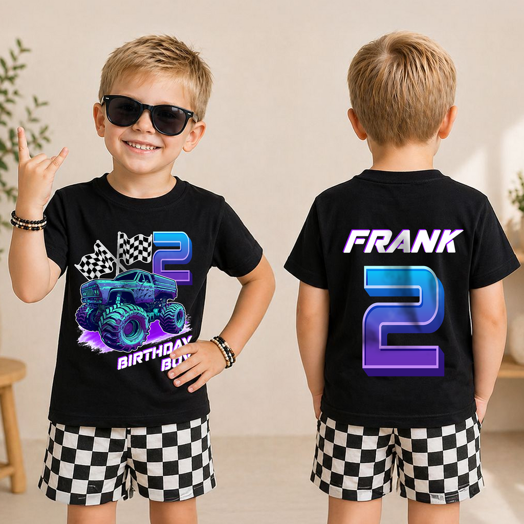 Custom Name Monster Truck 2nd Birthday Shirt Boy, Crushing It — product view 3