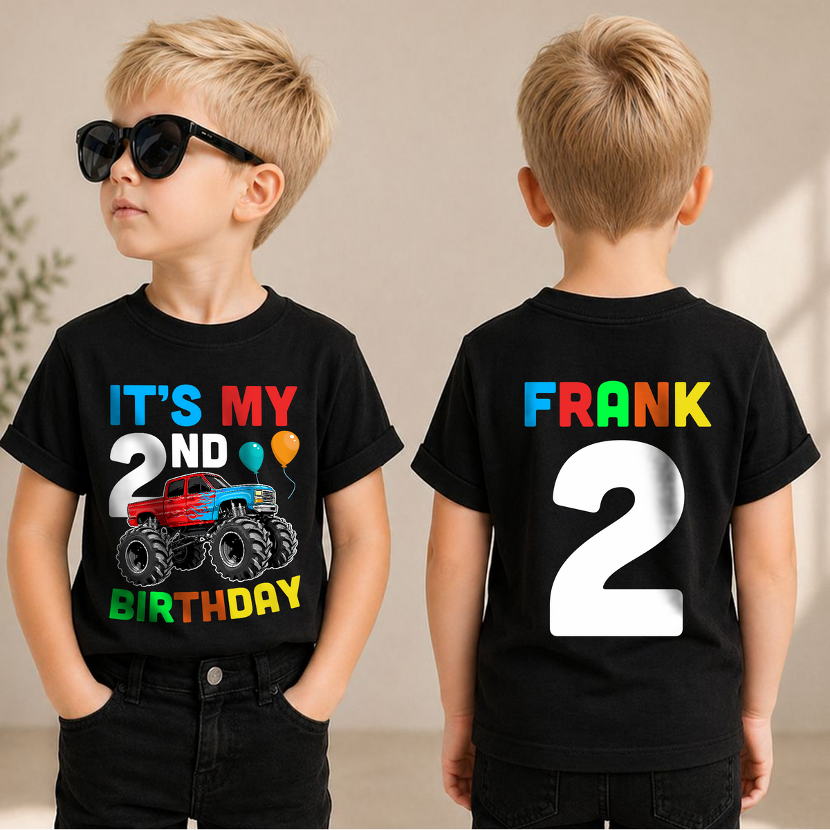 Boys Custom Monster Truck 2nd Birthday Shirt Boy, Crushing It — product view 1
