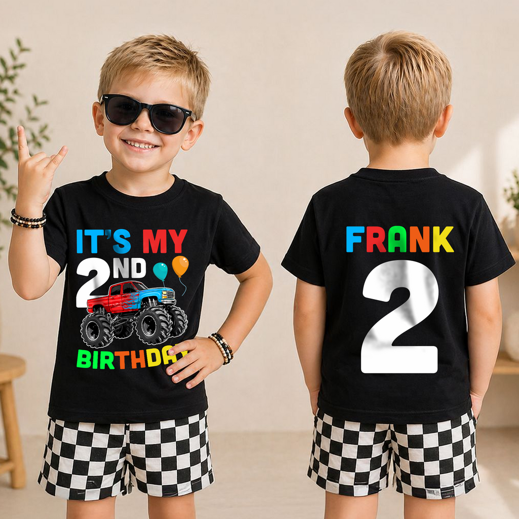 Boys Custom Monster Truck 2nd Birthday Shirt Boy, Crushing It — product view 3