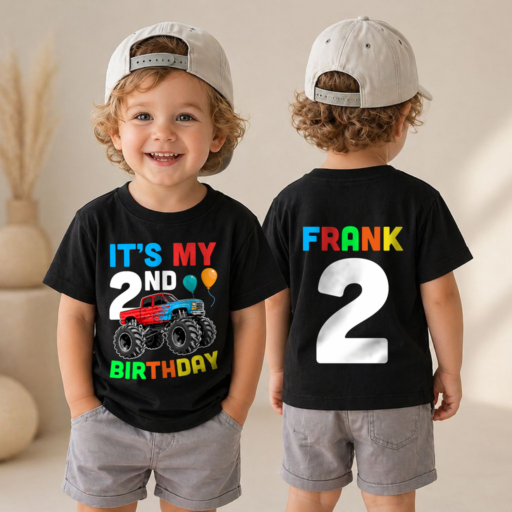 Boys Custom Monster Truck 2nd Birthday Shirt Boy, Crushing It — product view 4