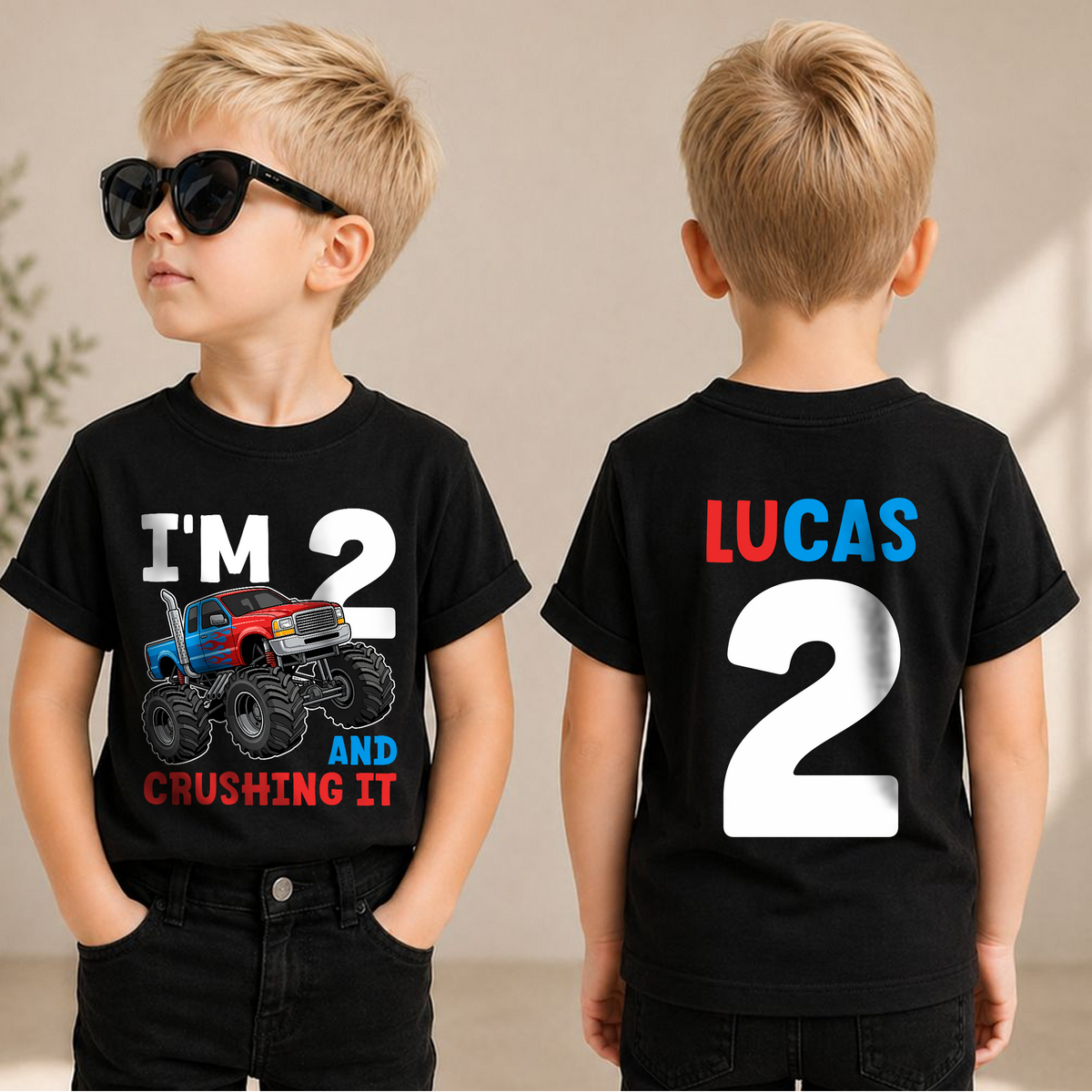 Toddler Personalized Monster Truck 2nd Birthday Shirt Boy — product view 1