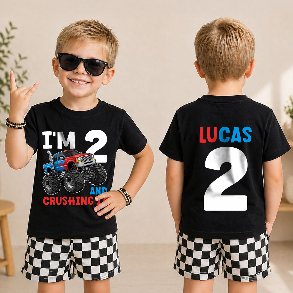 Toddler Personalized Monster Truck 2nd Birthday Shirt Boy — product view 3