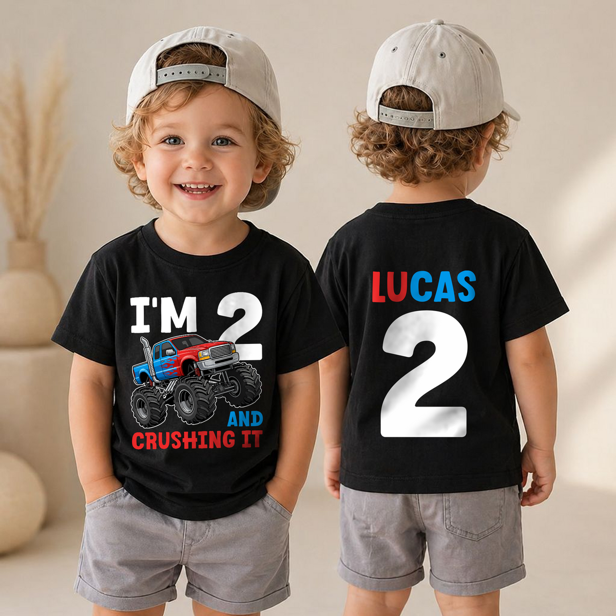 Toddler Personalized Monster Truck 2nd Birthday Shirt Boy — product view 4