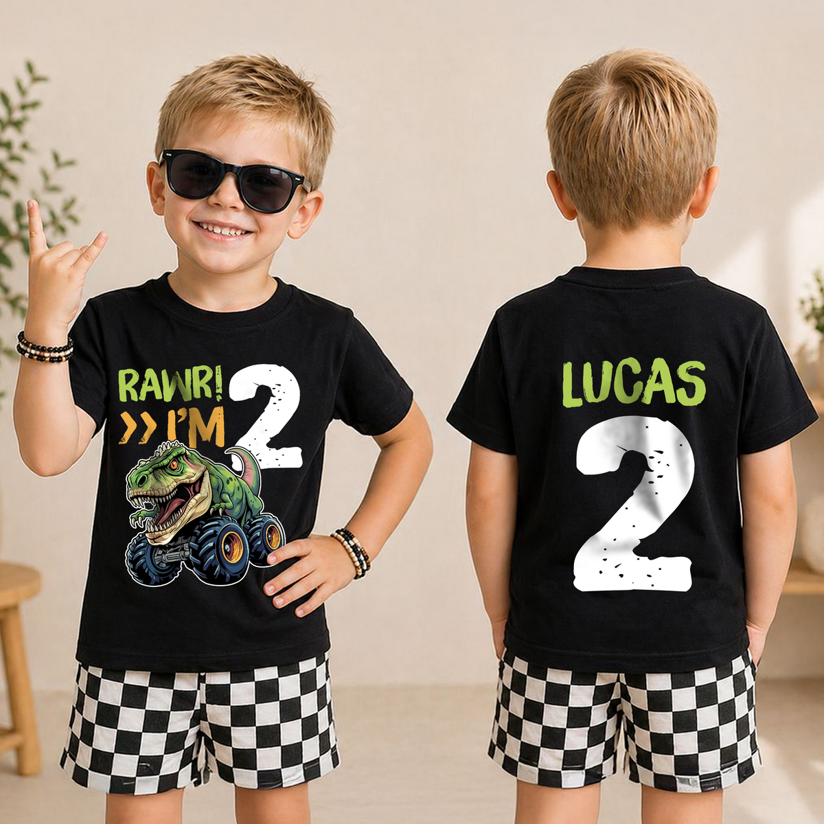 Boys Personalized Monster Truck 2nd Birthday Shirt Boy, Crushing It — product view 3
