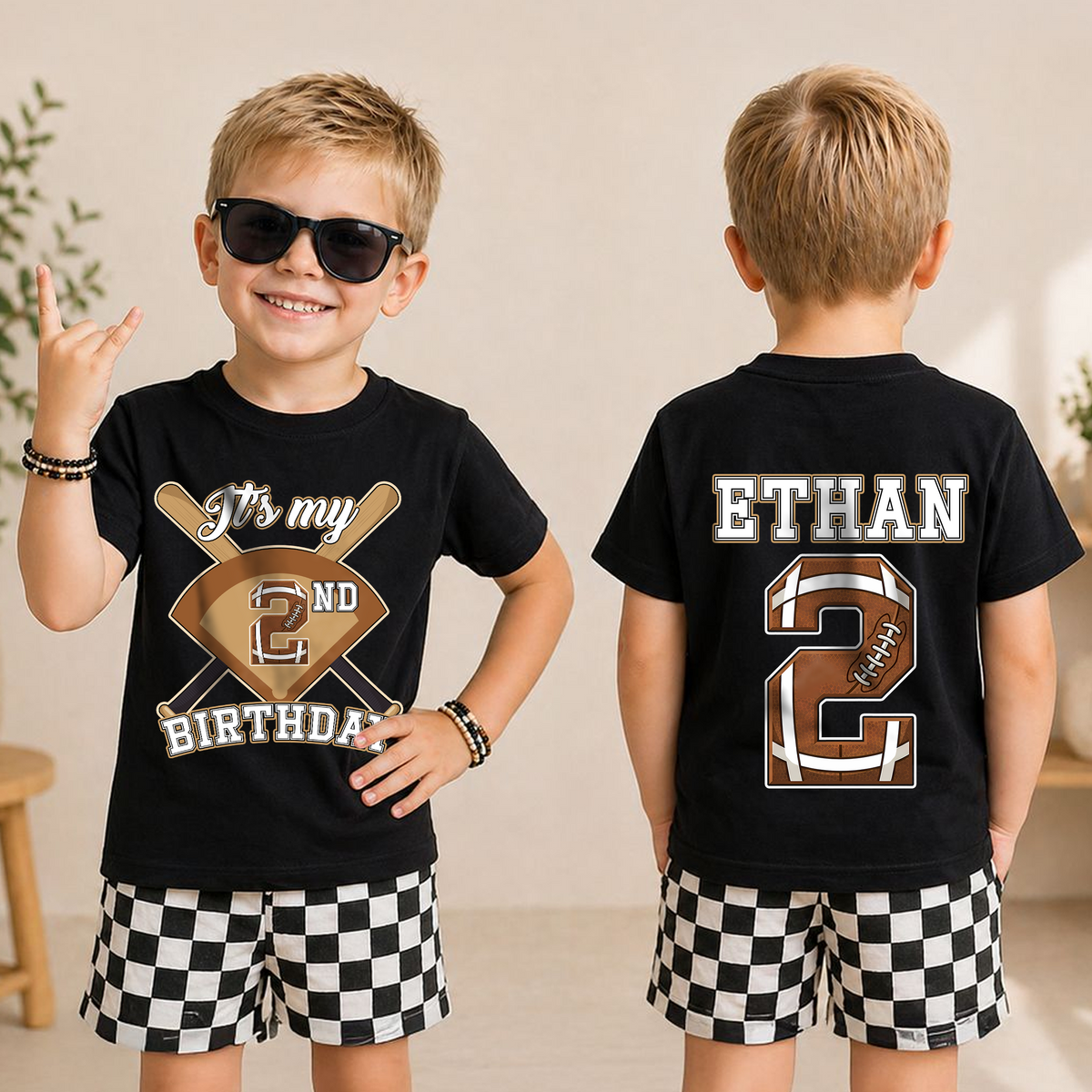 Personalized Football Player 2nd Birthday Shirt for Boys, Custom Name — product view 3