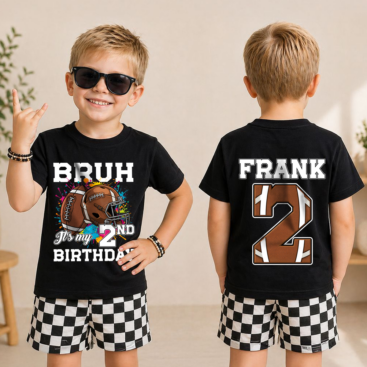 Boys Custom Football Player 2nd Birthday Shirt, Custom Name — product view 3