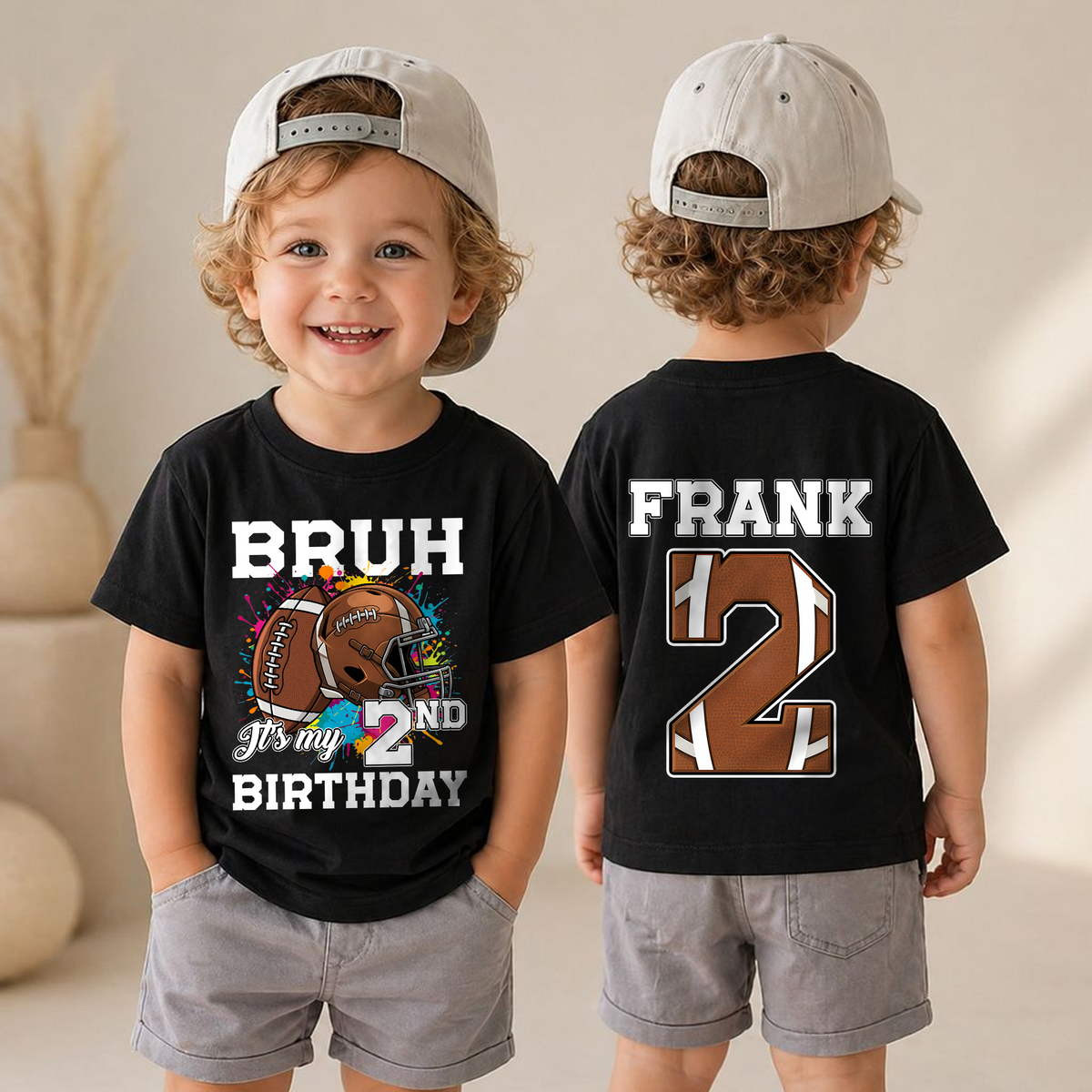 Boys Custom Football Player 2nd Birthday Shirt, Custom Name — product view 4