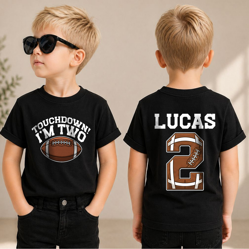 Boys Personalized Touchdown I'm Two 2nd Birthday Shirt, Custom Name — product view 1
