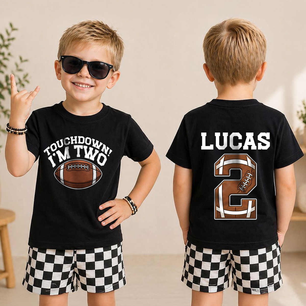 Boys Personalized Touchdown I'm Two 2nd Birthday Shirt, Custom Name — product view 3