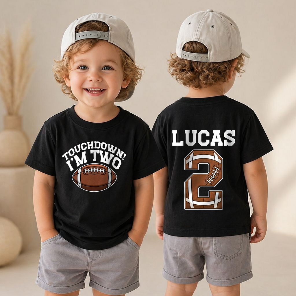 Boys Personalized Touchdown I'm Two 2nd Birthday Shirt, Custom Name — product view 4