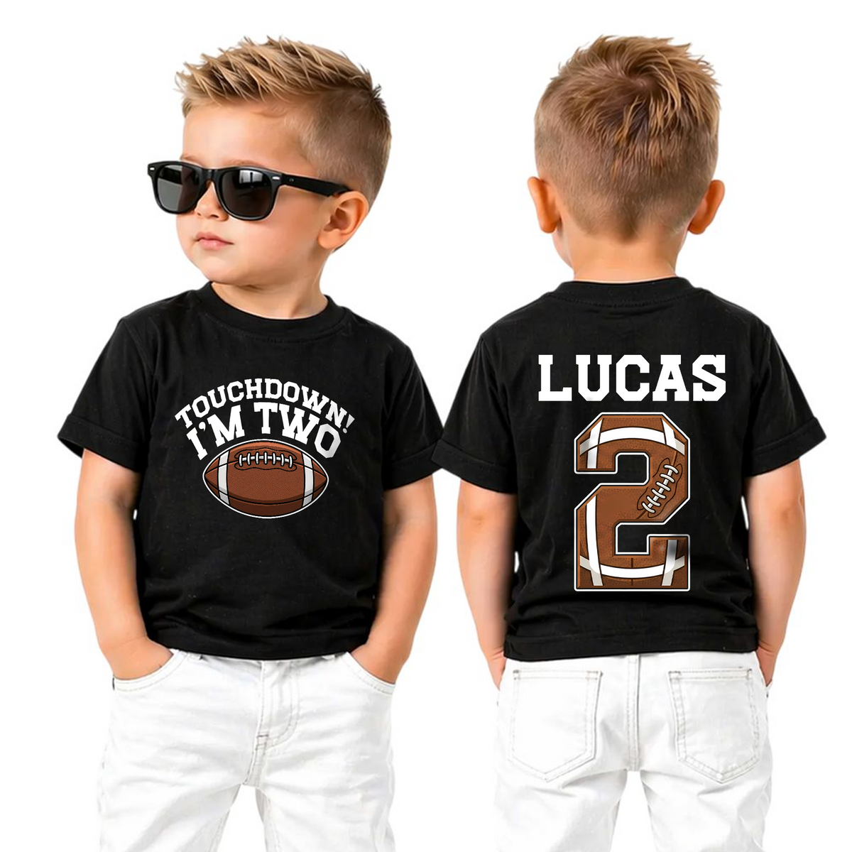 Boys Personalized Touchdown I'm Two 2nd Birthday Shirt, Custom Name — product view 5