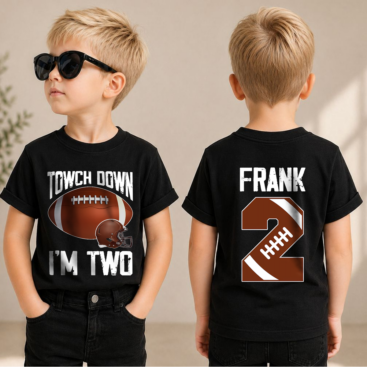Personalized Football 2nd Birthday Shirt Boy, Touchdown I'm Two — product view 1