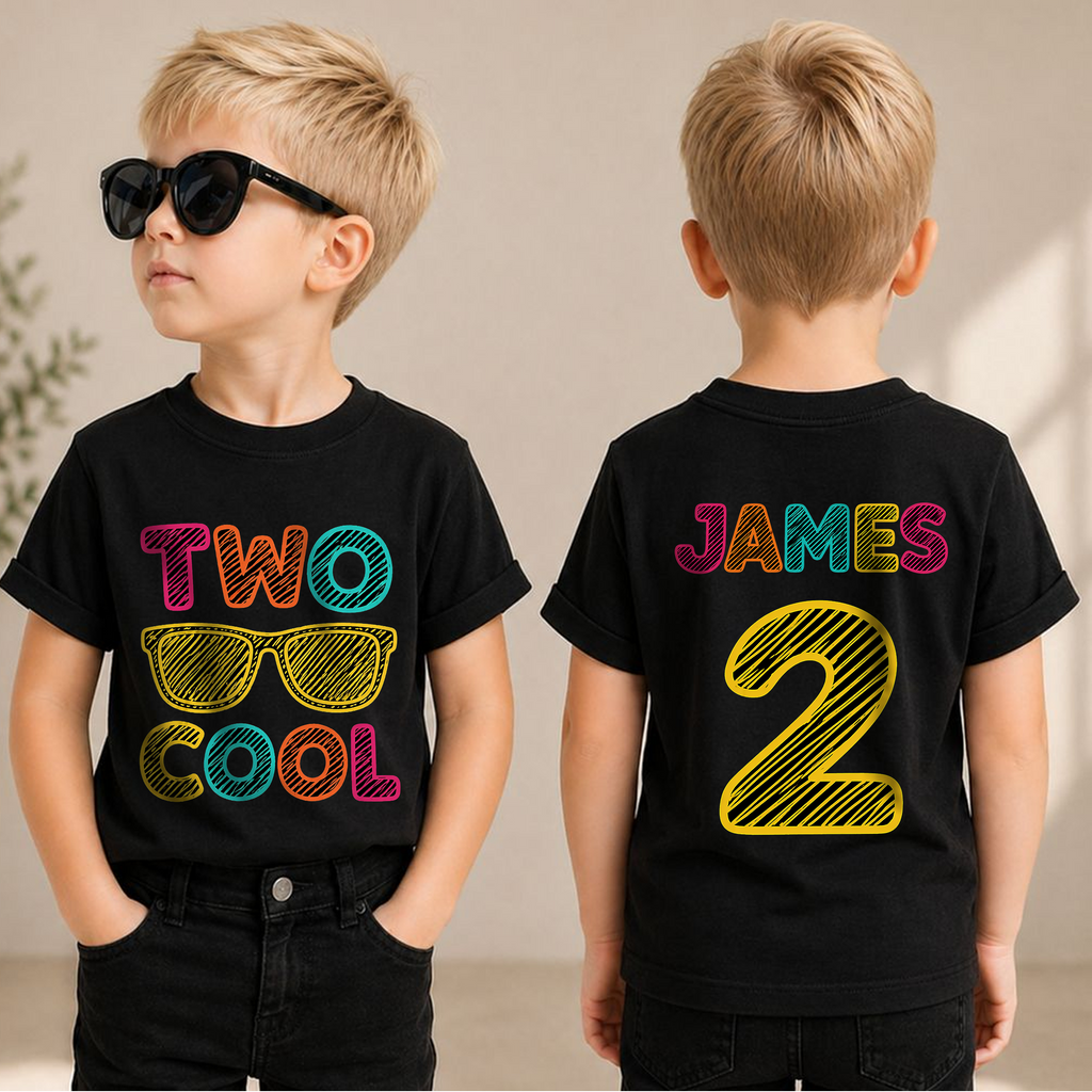 Custom Name Cool Kid 2nd Birthday Shirt Boy, TWO COOL — product view 1