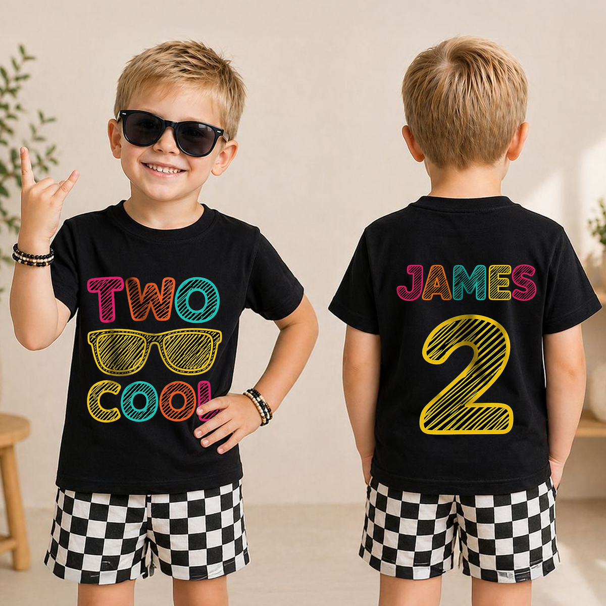 Custom Name Cool Kid 2nd Birthday Shirt Boy, TWO COOL — product view 3