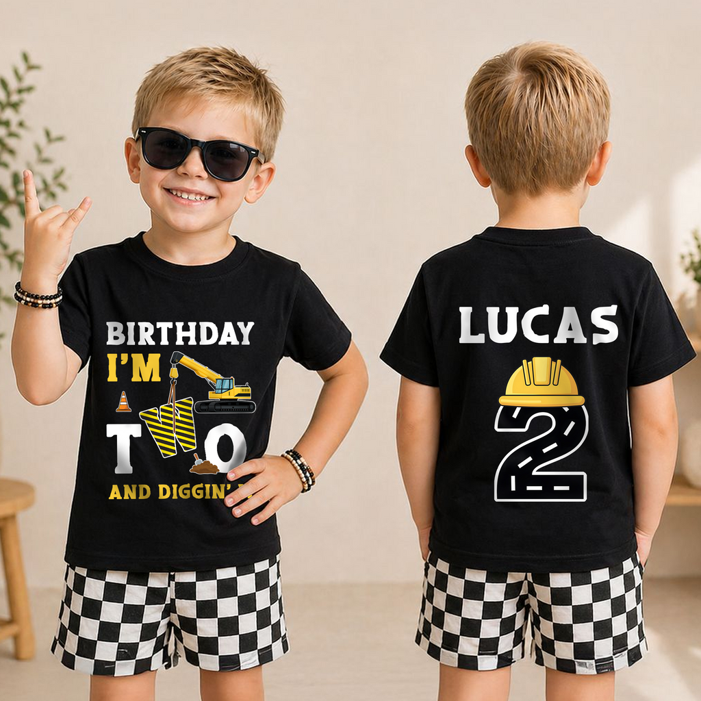 Custom Name Construction 2nd Birthday Shirt, Digging It — product view 3