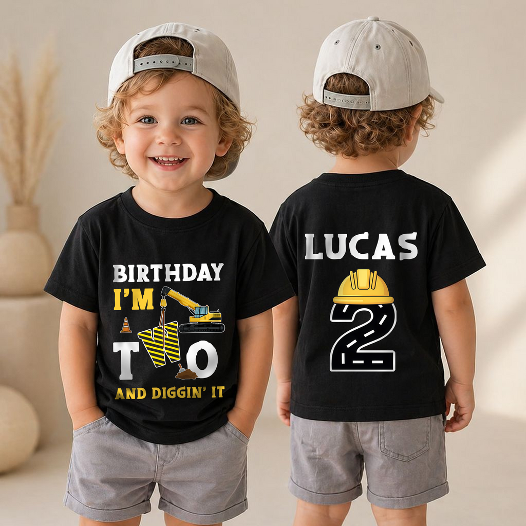 Custom Name Construction 2nd Birthday Shirt, Digging It — product view 4