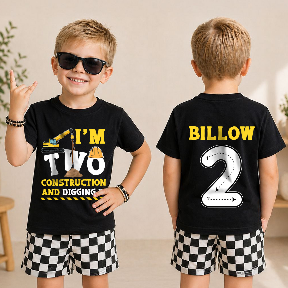 Custom Construction 2nd Birthday Shirt, Two and Digging It — product view 3