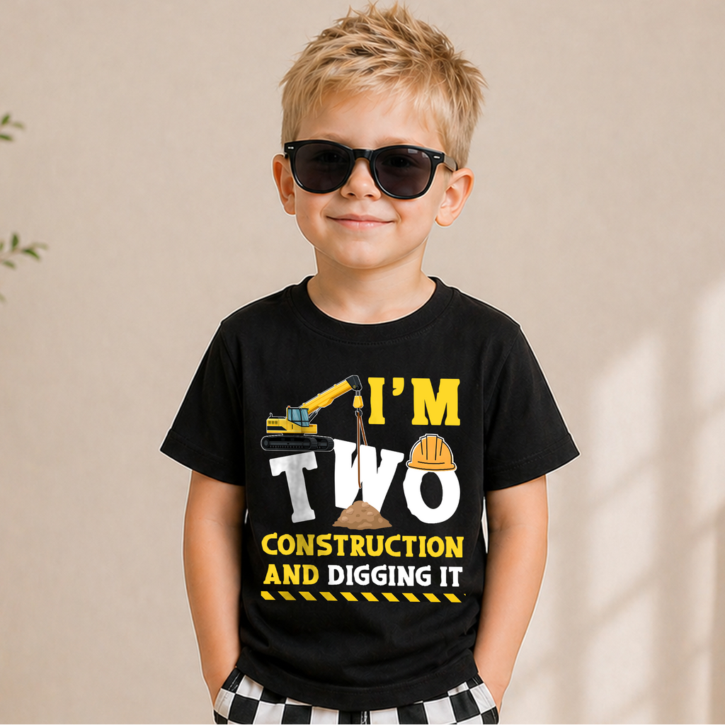 Custom Construction 2nd Birthday Shirt, Two and Digging It — product view 5