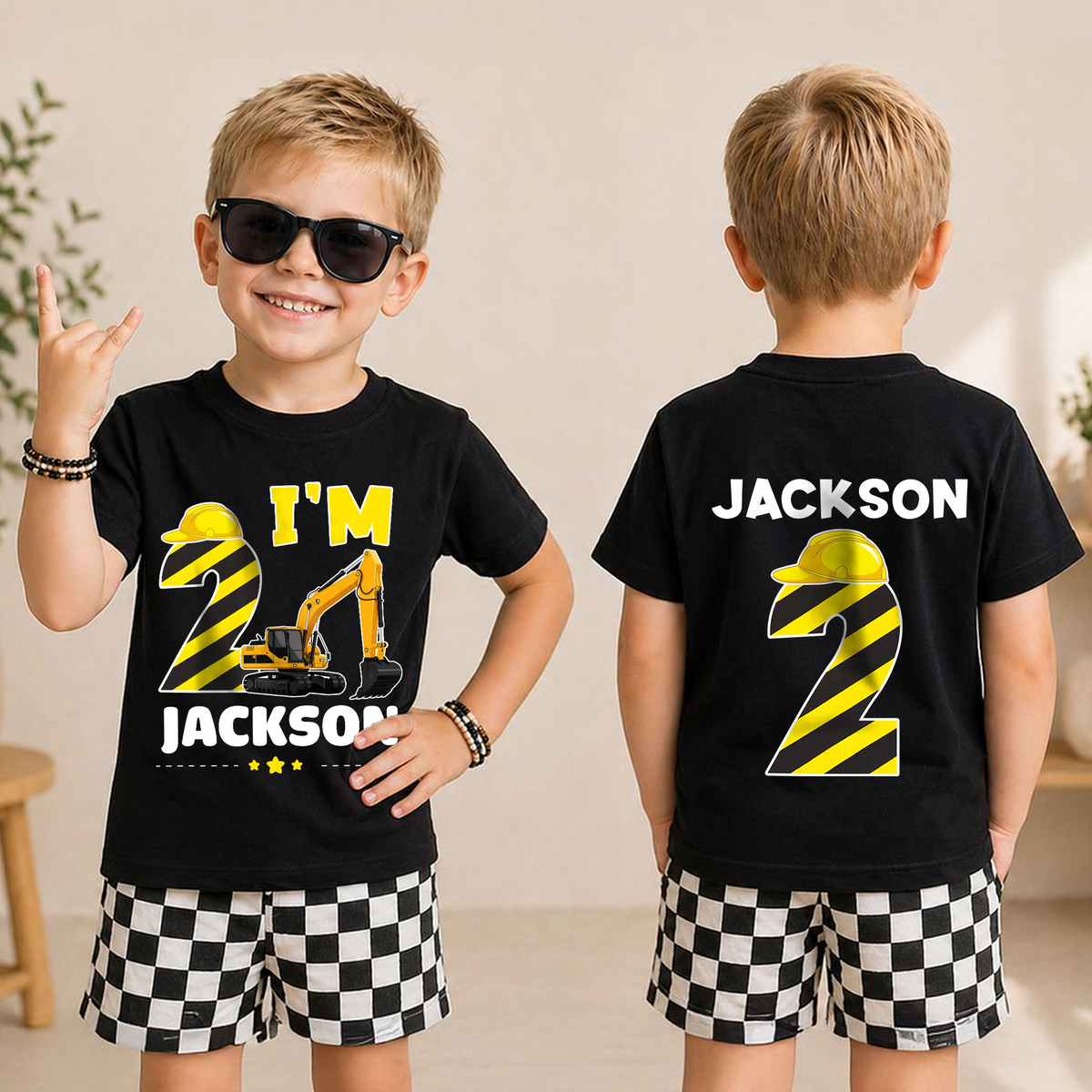 Boys Custom Construction 2nd Birthday Shirt, Digging It — product view 3