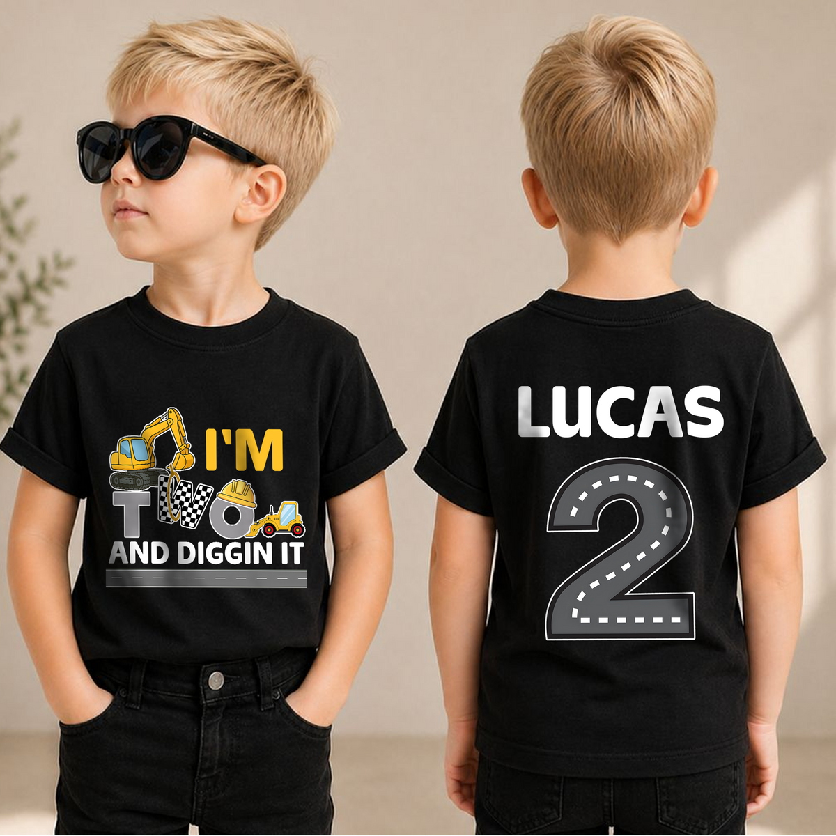 Toddler Personalized Construction 2nd Birthday Shirt, Digging It — product view 1