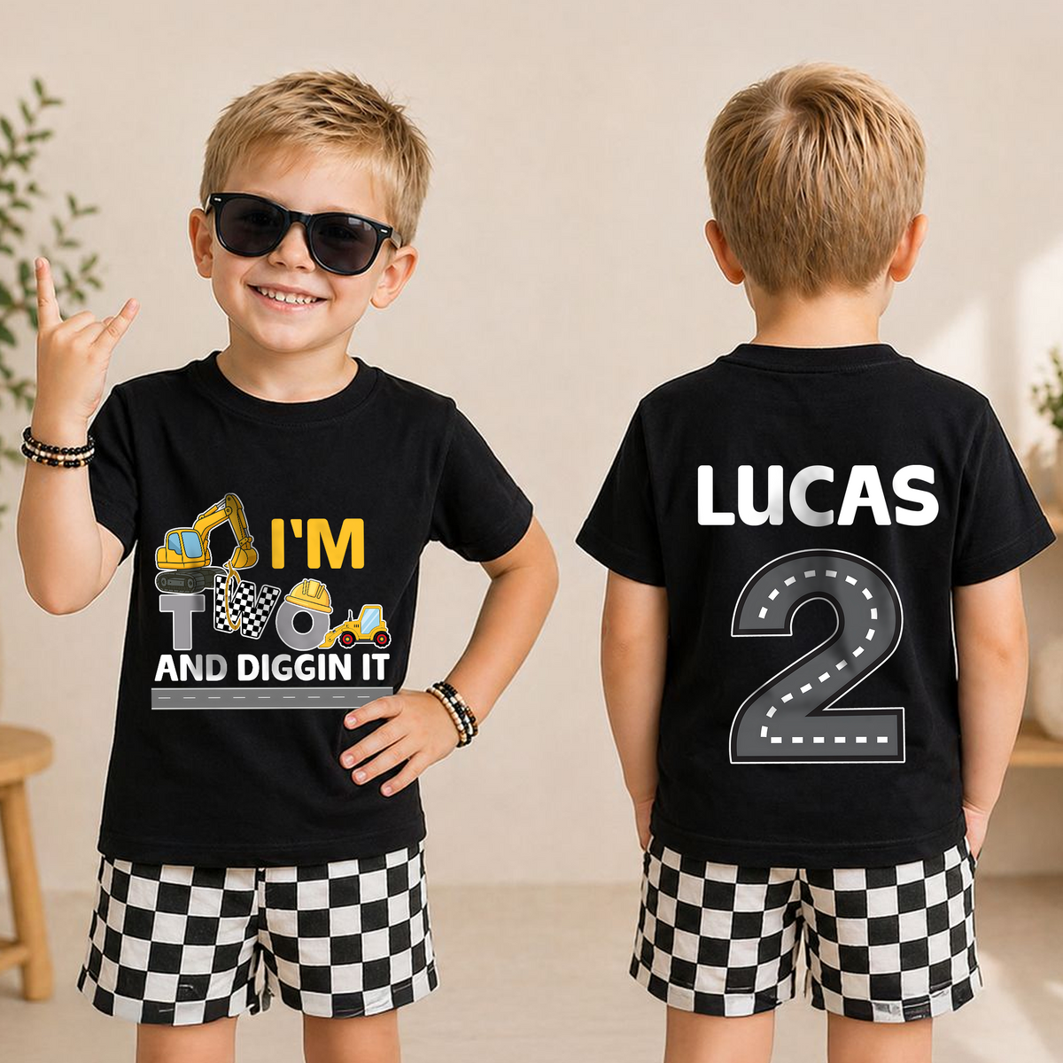 Toddler Personalized Construction 2nd Birthday Shirt, Digging It — product view 3