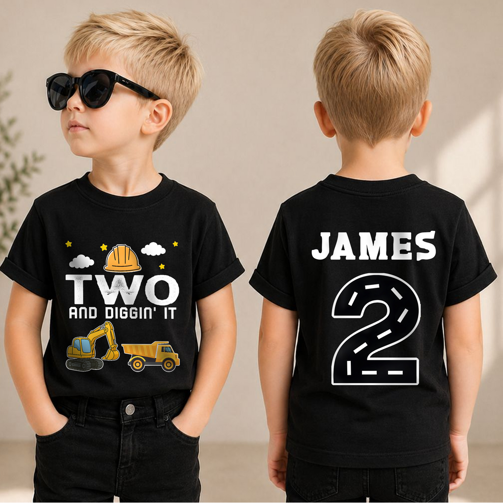 Boys Personalized Construction 2nd Birthday Shirt, Two and Digging It — product view 1