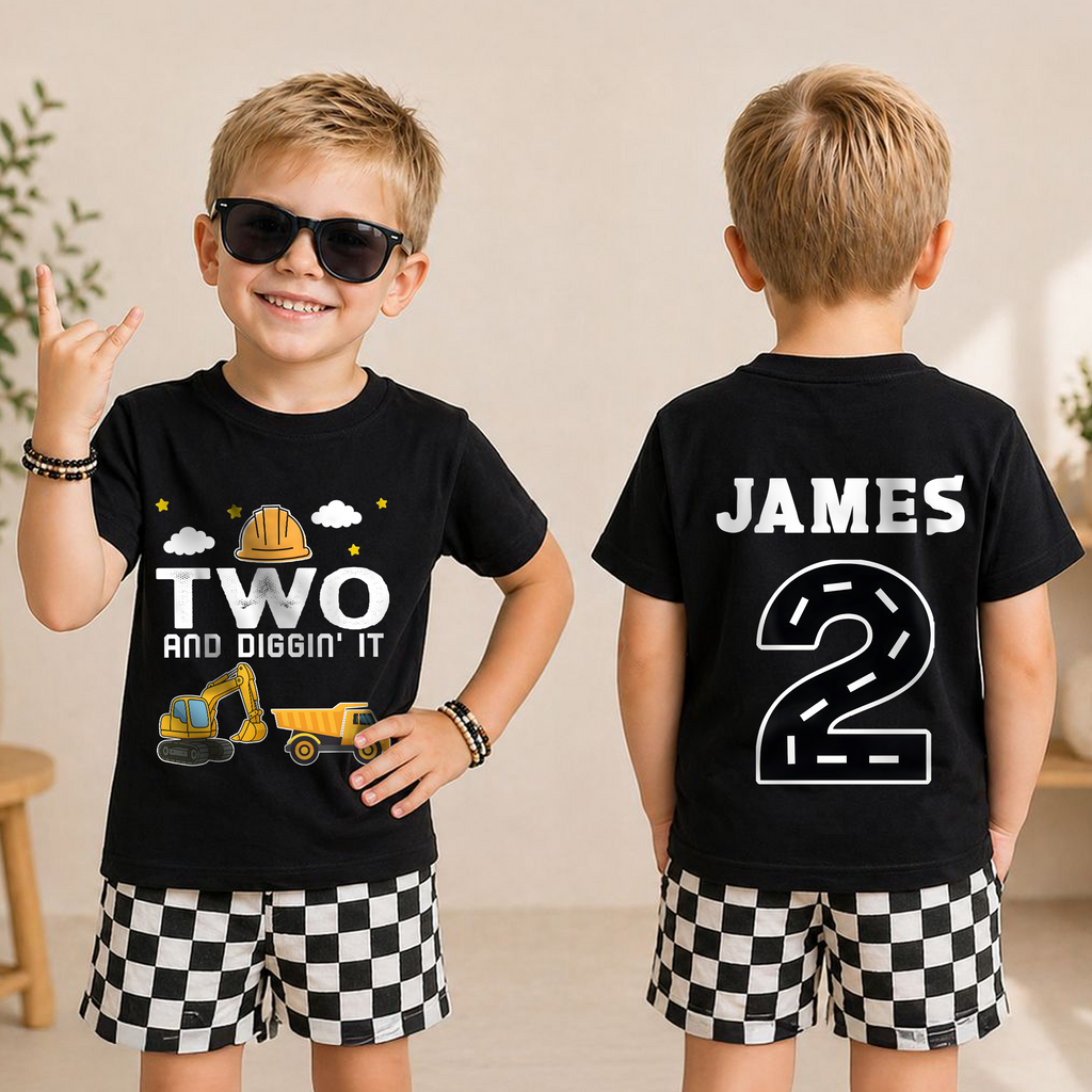 Boys Personalized Construction 2nd Birthday Shirt, Two and Digging It — product view 3